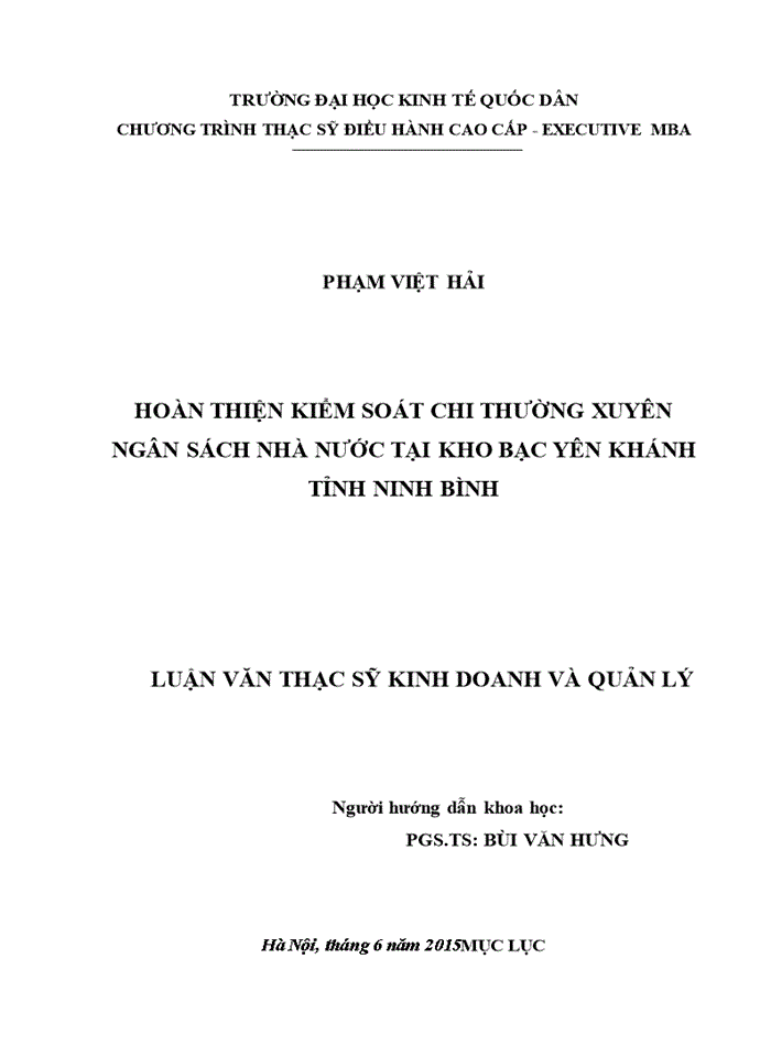 Hoàn thiện kiểm soát chi thường xuyên NSNN tại KBNN Yên Khánh tỉnh Ninh Bình