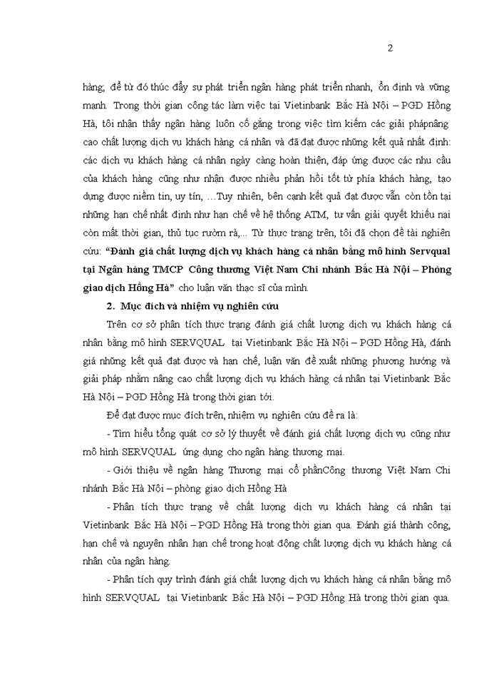 image for page Đánh giá chất lượng dịch vụ khách hàng cá nhân theo mô hình Servqual tại Ngân hàng TMCP Công thương Việt Nam Chi nhánh Bắc Hà Nội-Phòng giao dịch Hồng Hà