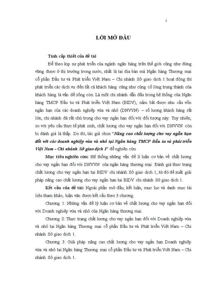 image for page Nâng cao chất lượng cho vay ngắn hạn đối với các doanh nghiệp vừa và nhỏ tại Ngân hàng TMCP Đầu tư và phát triển Việt Nam - Chi nhánh Sở giao dịch 1