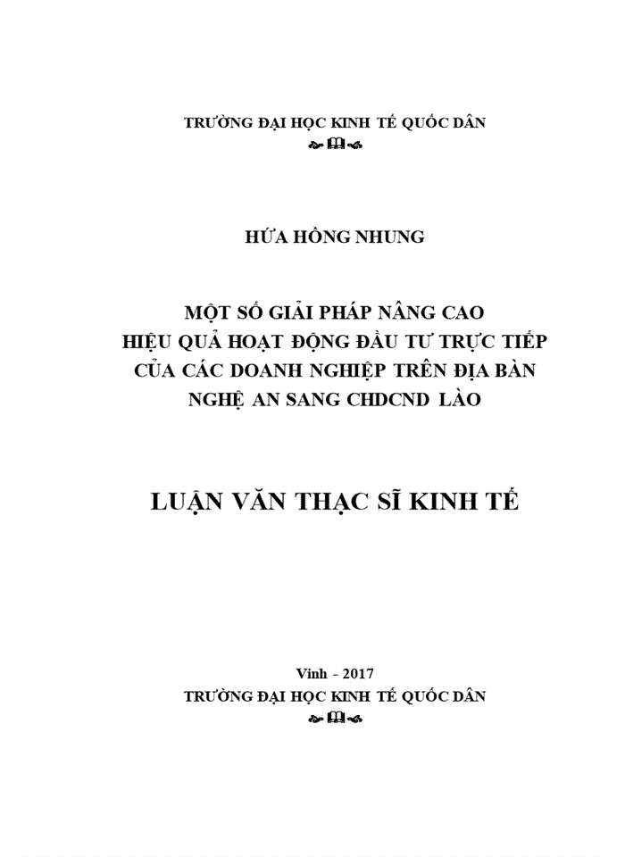 Một số giải pháp nâng cao hiệu quả hoạt động đầu tư trực tiếp của các doanh nghiệp trên địa bàn Nghệ An sang CHDCND Lào