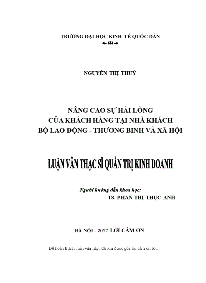 Nâng cao sự hài lòng của khách hàng tại Nhà khách Văn phòng Bộ Lao động – Thương binh và Xã hội