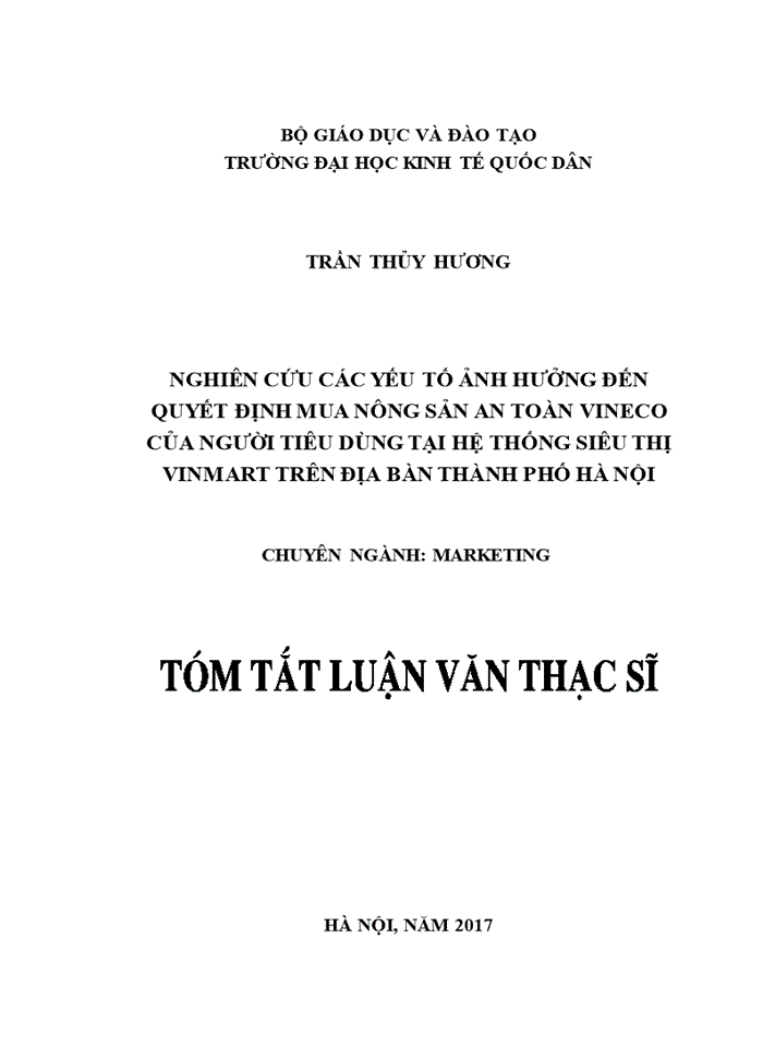 image for page Nghiên cứu các yếu tố ảnh hưởng đến quyết định mua nông sản an toàn Vineco của người tiêu dùng tại hệ thống siêu thị Vinmart trên đại bàn Thành phố Hà Nội