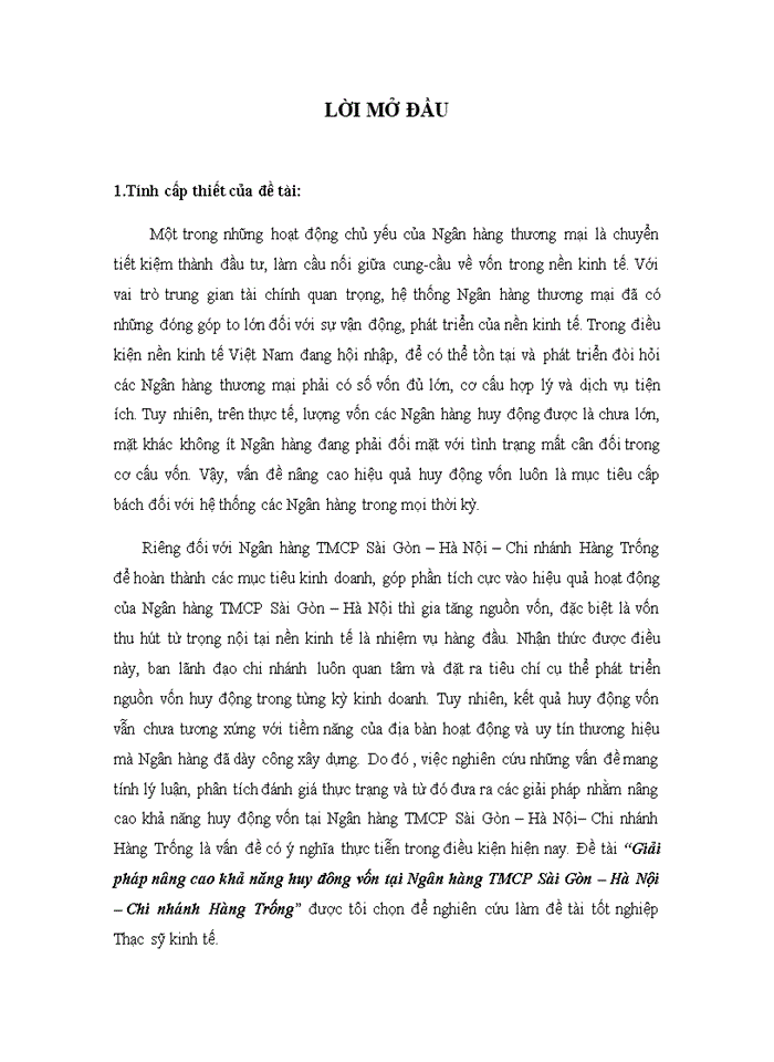 Giải pháp nâng cao khả năng huy đông vốn tại Ngân hàng TMCP Sài Gòn – Hà Nội – Chi nhánh Hàng Trống