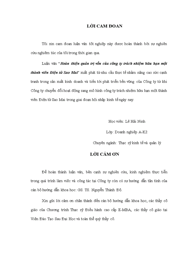 image for page Hoàn thiện quản trị vốn của công ty trách nhiệm hữu hạn một thành viên Điện tử Sao Mai