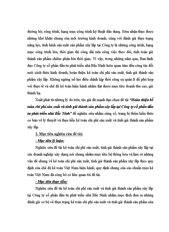 image for page Hoàn thiện kế toán chi phí sản xuất và tính giá thành sản phẩm xây lắp tại Công ty cổ phần đầu tư phát triển nhà Bắc Ninh