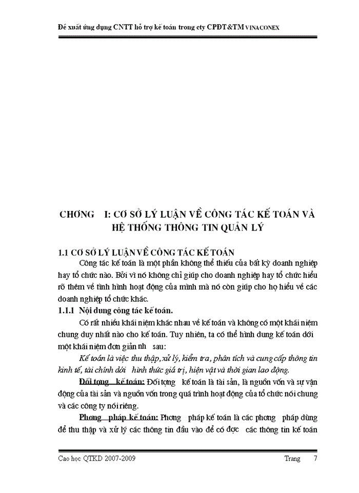 Đề xuất ứng dụng công nghệ thông tin hỗ trợ kế toán trong công ty cổ phần đầu tư và thương mại VINACONEX