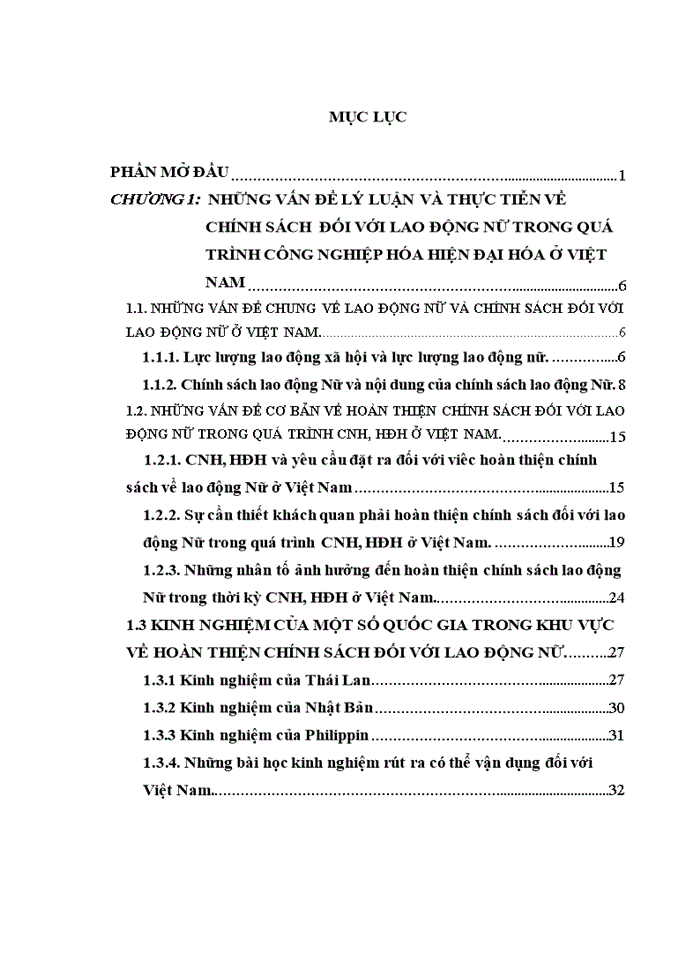 Hoàn thiện chính sách đối với lao động nữ trong quá trình công nghiệp hoá, hiện đại hoá ở Việt Nam