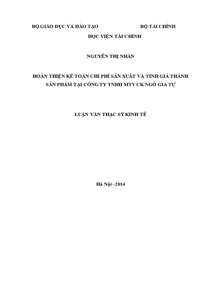 Hoàn thiện kế toán chi phí sản xuất và tính giá thành sản phẩm tại Công ty TNHH MTV Cơ Khí Ngô Gia Tự