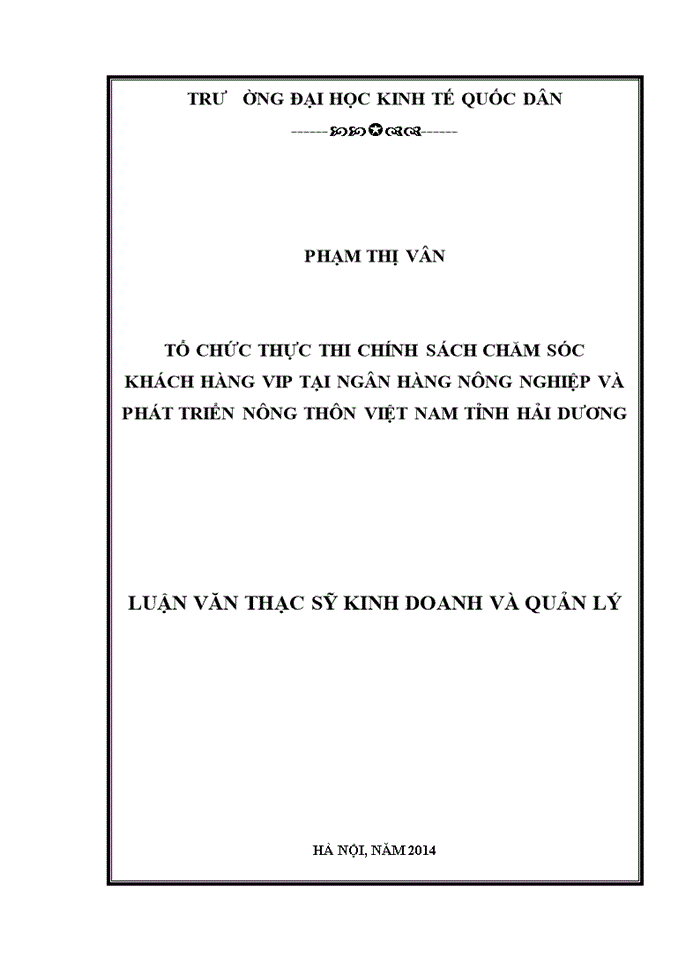 image for page Tổ chức thực thi chính sách chăm sóc khách hàng VIP tại Ngân hàng Nông nghiệp và Phát triển nông thôn Việt Nam tỉnh Hải Dương