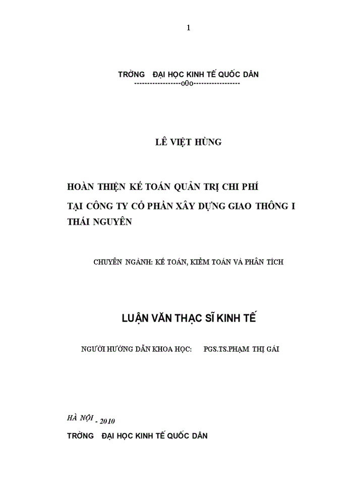 image for page Hoàn thiện kế toán quản trị chi phí tại Công ty cổ phần xây dựng giao thông I Thái Nguyên
