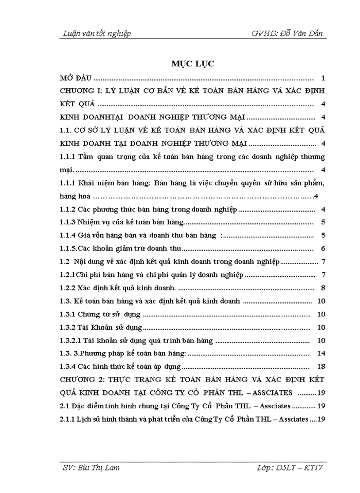 Kế toán bán hàng và xác định kết quả kinh doanh tại Công ty  Cổ Phần  THL - Assciates