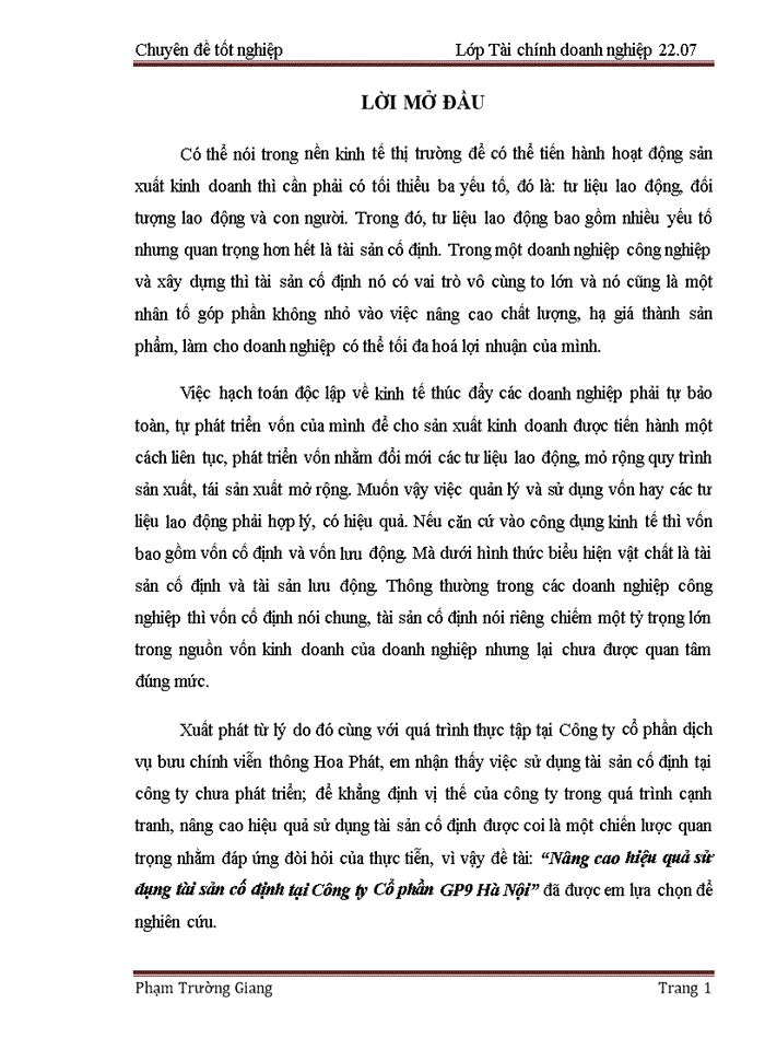 image for page Nâng cao hiệu quả sử dụng tài sản cố định tại Công ty Cổ phần GP9 Hà Nội