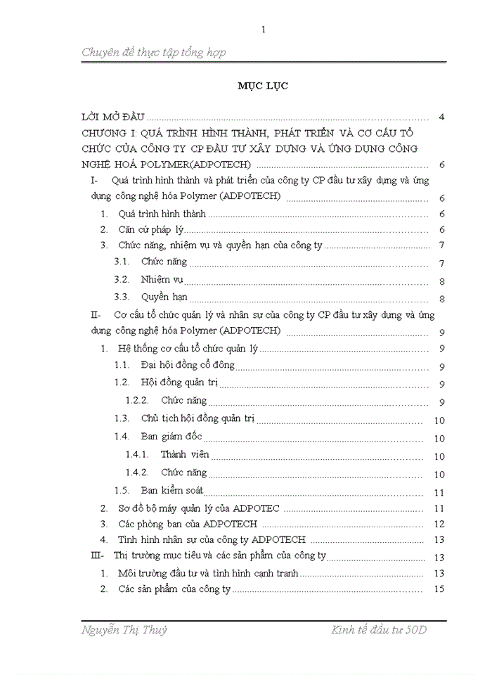 Báo cáo thực tập tổng hợp công ty CP đầu tư xây dựng và ứng dụng công nghệ hoá Polymer