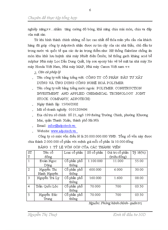 Báo cáo thực tập tổng hợp công ty CP đầu tư xây dựng và ứng dụng công nghệ hoá Polymer
