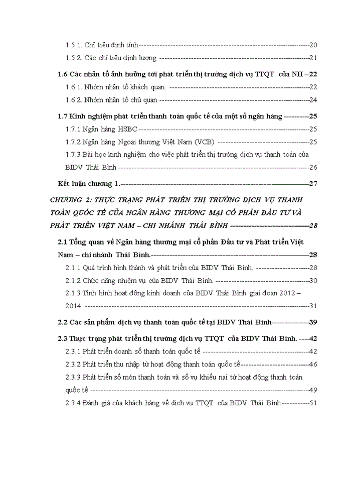 Phát triển thị trường dịch vụ thanh toán quốc tế của ngân hàng thương mại cổ phần Đầu tư và Phát triển Việt Nam -  Chi nhánh Thái Bình