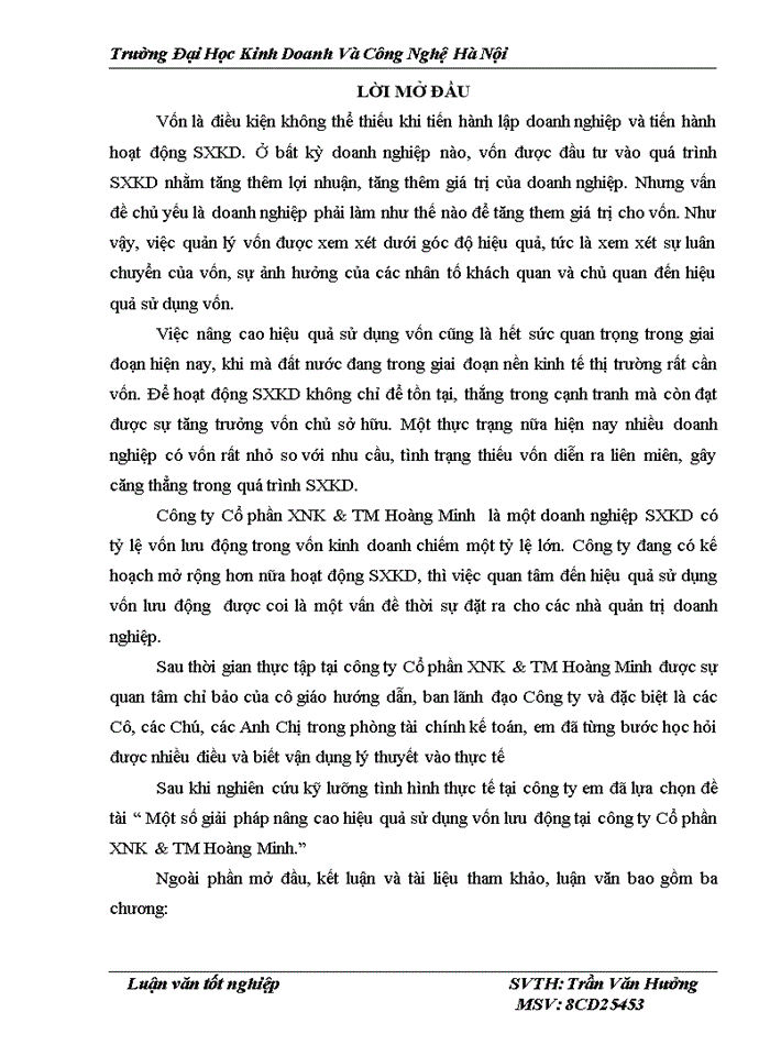 image for page Một số giải pháp nâng cao hiệu quả sử dụng vốn lưu động tại công ty Cổ phần XNK & TM Hoàng Minh.