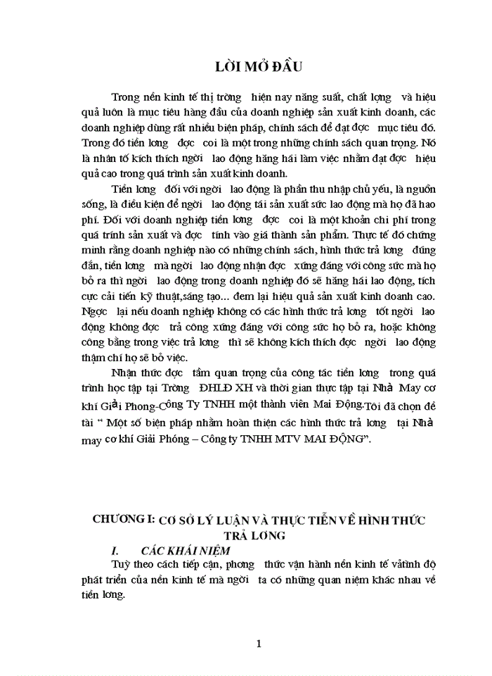 Một số biện pháp nhằm hoàn thiện các hình thức trả lương tại Nhà may cơ khí Giải Phúng – Công ty TNHH MTV MAI ĐỘNG