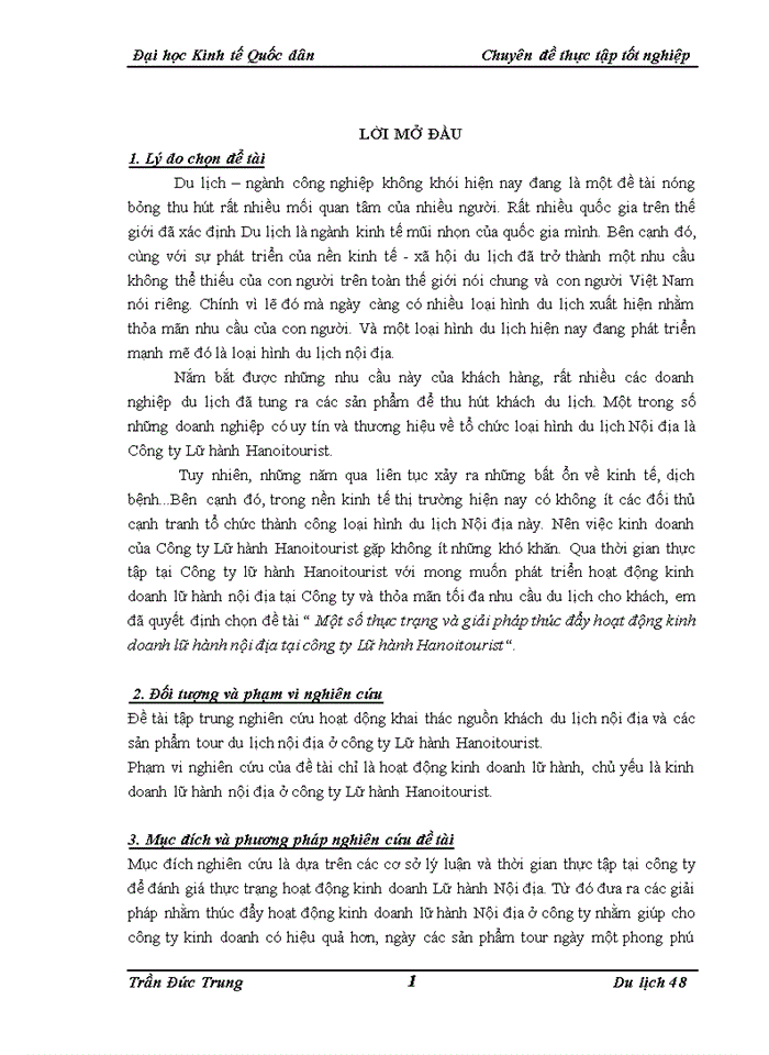 Một số thực trạng và giải pháp thúc đẩy hoạt động kinh doanh lữ hành nội địa tại công ty Lữ hành Hanoitourist