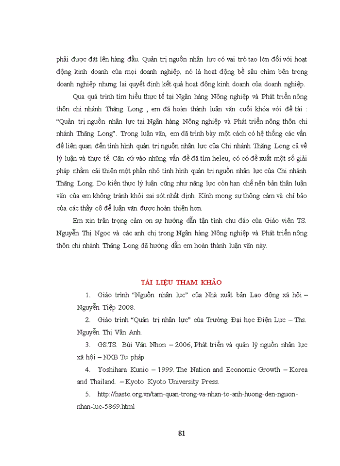 image for page Quản trị nguồn nhân lực tại Ngân hàng Nông nghiệp và phát triển nông thôn - Chi nhánh Thăng Long