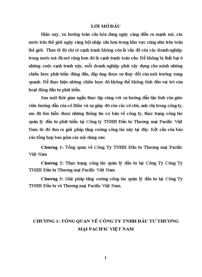 Giải pháp tăng cường công tác quản lý đầu tư tại công ty TTHH đầu tư thương mại Pacific Việt Nam