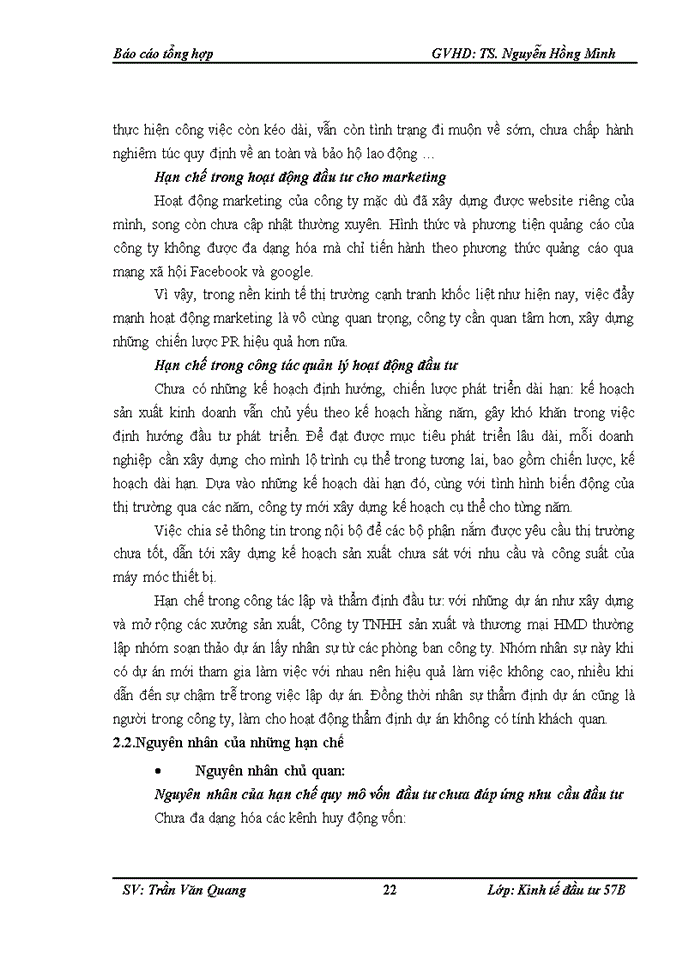 image for page Một số hạn chế và nguyên nhân trong hoạt động đầu tư phát triển tại công ty tnhh sản xuất và thương mại hmd