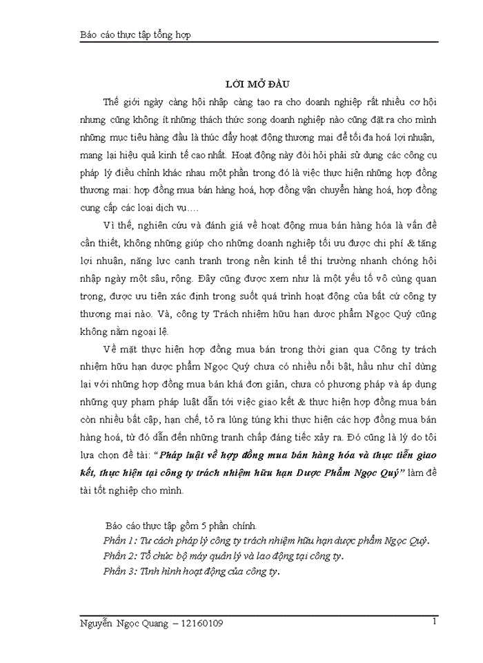 Pháp luật về hợp đồng mua bán hàng hóa và thực tiễn giao kết, thực hiện  tại công ty trách nhiệm hữu hạn dược phẩm Ngọc Quý
