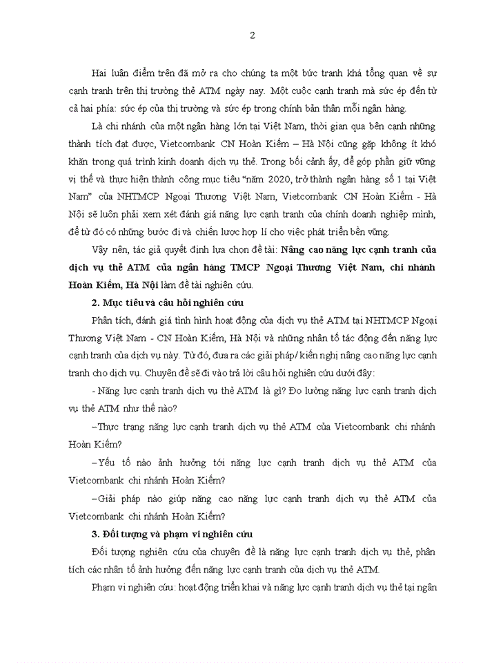 Nâng cao năng lực cạnh tranh của dịch vụ thẻ ATM của ngân hàng TMCP Ngoại Thương Việt Nam, chi nhánh Hoàn Kiếm, Hà Nội