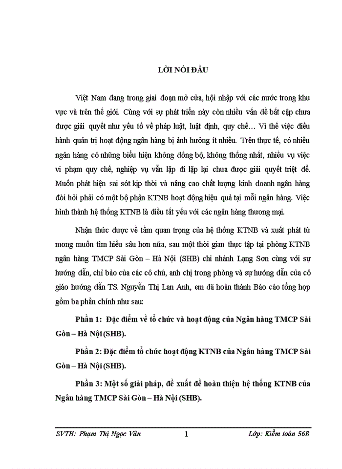 Một số giải pháp, đề xuất để hoàn thiện hoạt động kiểm toán nội bộ của ngân hàng tmcp sài gòn – hà nội (shb)
