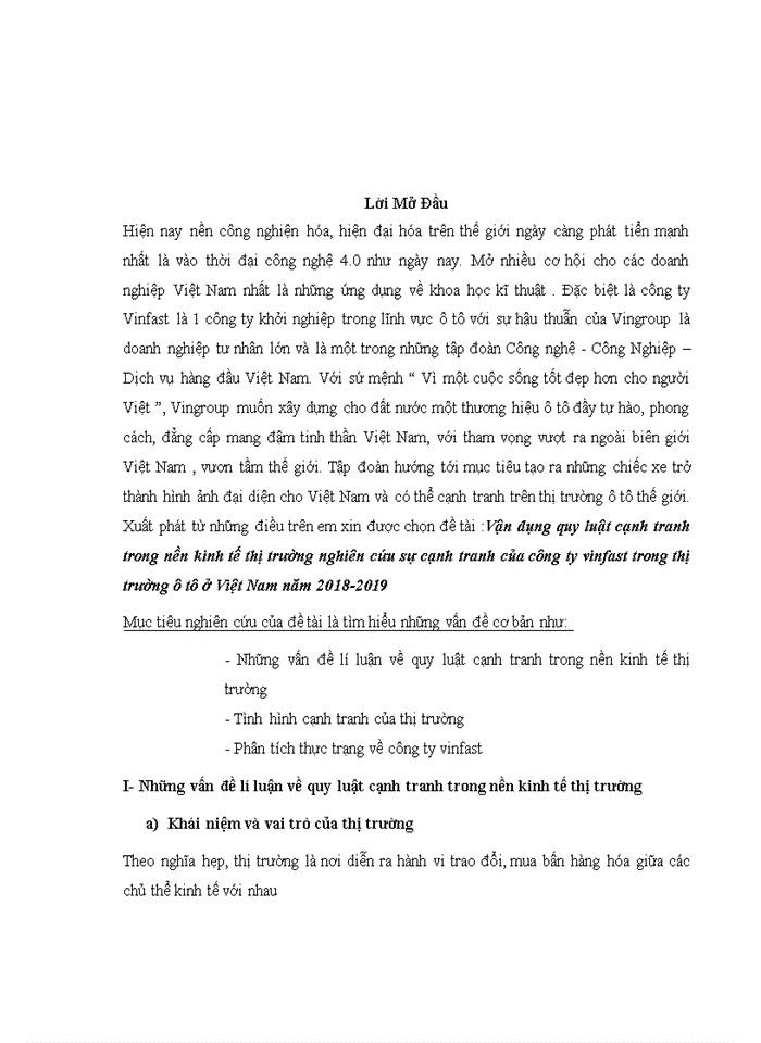 Vận dụng quy luật cạnh tranh trong nền kinh tế thị trường nghiên cứu sự cạnh tranh của công ty vinfast trong thị trường ô tô ở Việt Nam năm 2018-2019