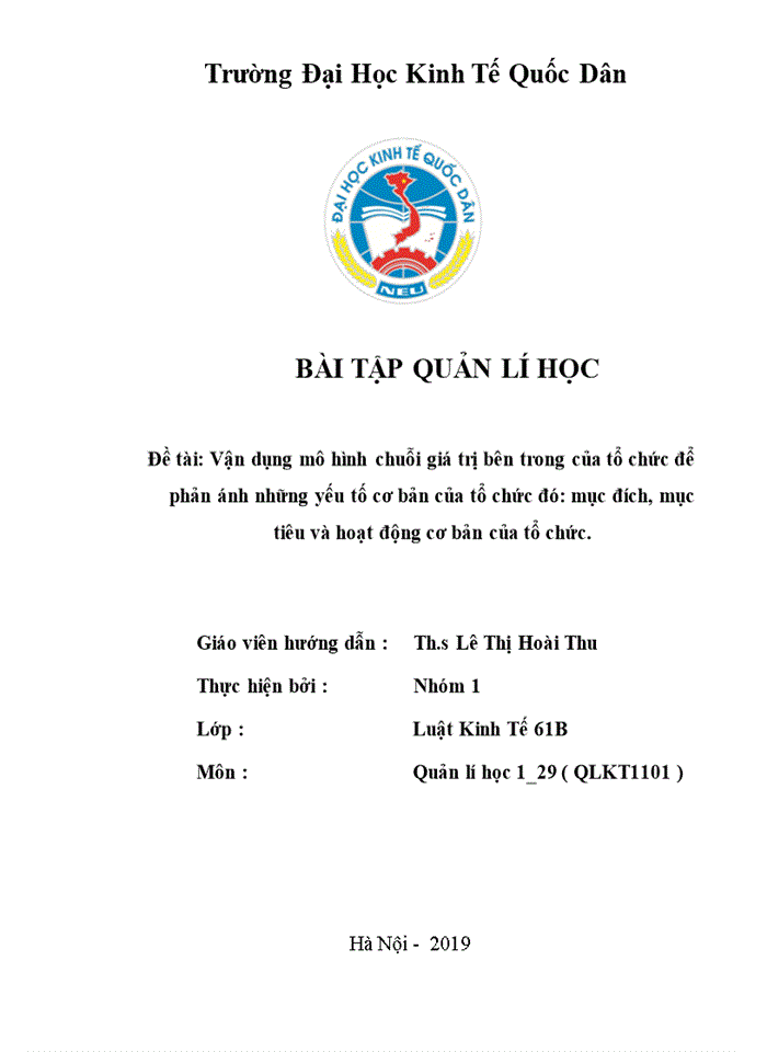 Vận dụng mô hình chuỗi giá trị bên trong của tổ chức để phản ánh những yếu tố cơ bản của tổ chức