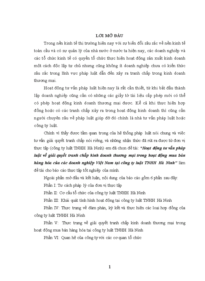 Hoạt động tư vấn pháp luật về giải quyết tranh chấp kinh doanh thương mại trong hoạt động mua bán hàng hóa của các doanh nghiệp Việt Nam tại công ty luật TNHH Hà Ninh