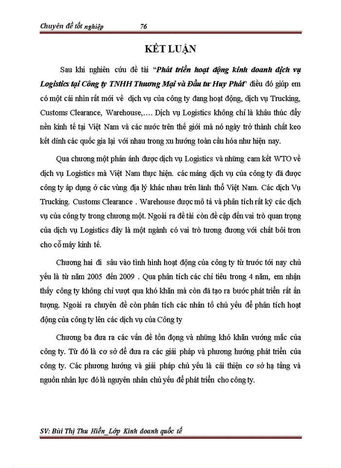 image for page Phát triển hoạt động kinh doanh dịch vụ Logistics tại Công ty TNHH Thương Mại và Đầu tư Huy Phát