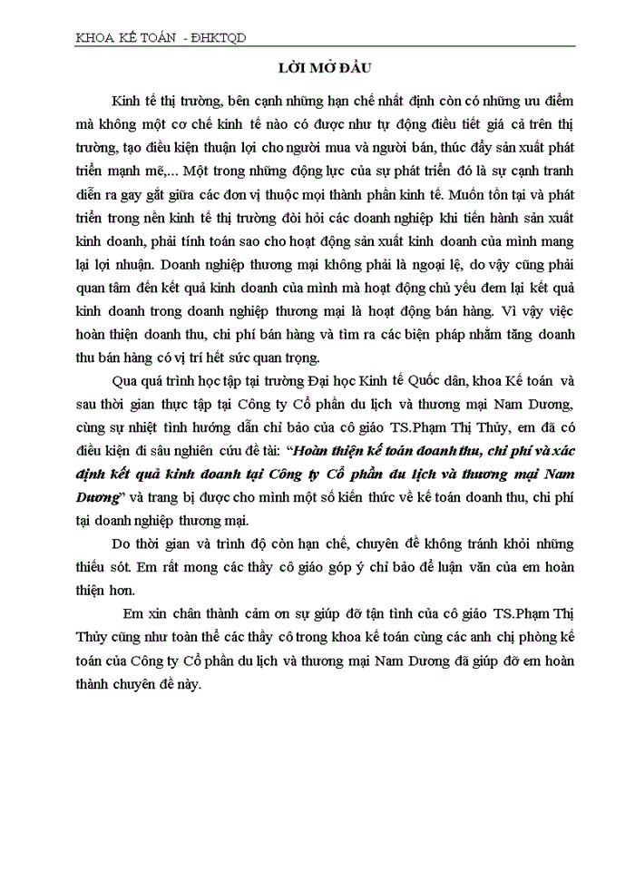 image for page Hoàn thiện kế toán doanh thu, chi phí và xác định kết quả kinh doanh tại Công ty Cổ phần du lịch và thương mại Nam Dương