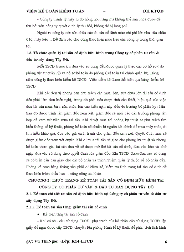 image for page Hoàn thiện kế toán tài sản cố định hữu hình tại Công ty cổ phần tư vấn & đầu tư xây dựng Tây Đô