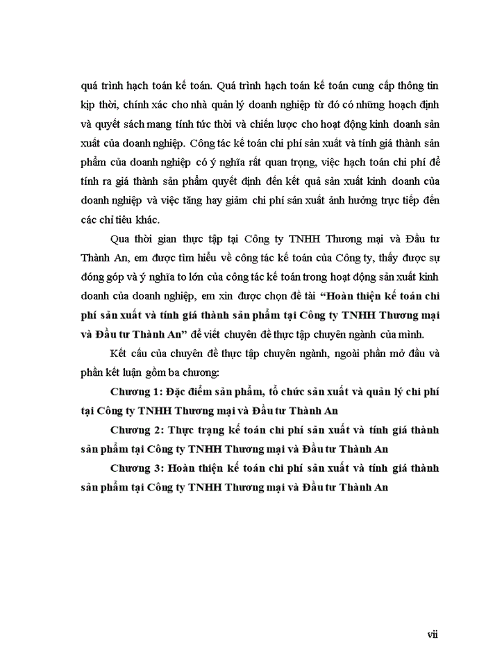 image for page Hoàn thiện kế toán chi phí sản xuất và tính giá thành sản phẩm tại Công ty TNHH Thương mại và Đầu tư Thành An