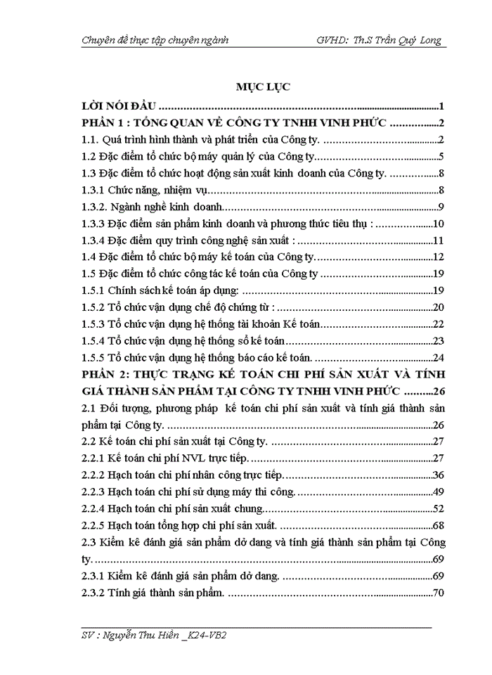 Hoàn thiện kế toán chi phí sản xuất và tính giá thành sản phẩm xây lắp tại CÔNG TY TNHH VINH PHỨC