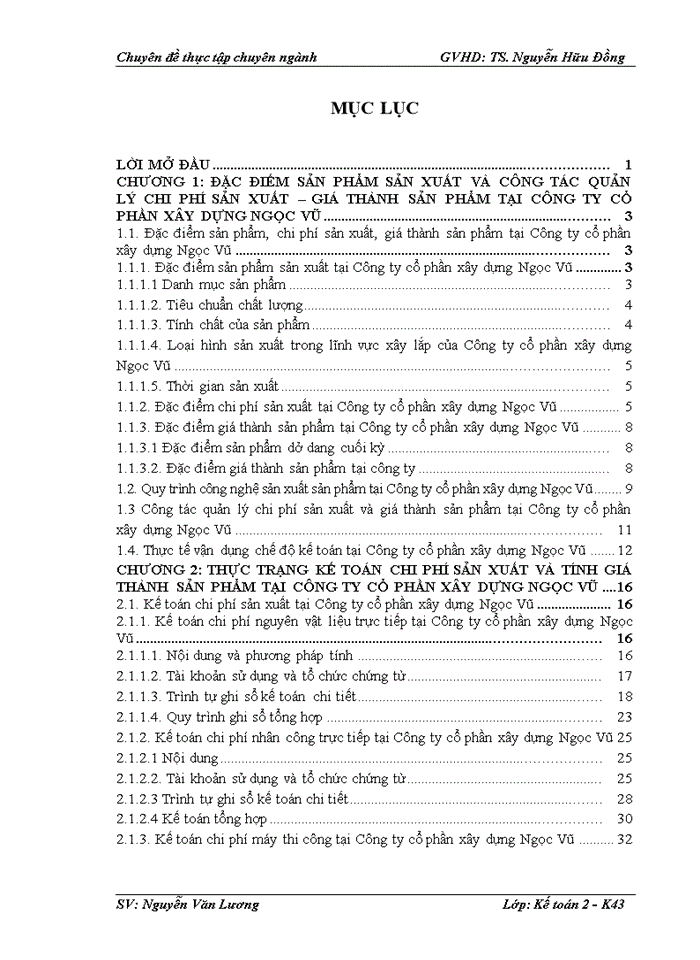 Hoàn thiện kế toán chi phí sản xuất và tính giá thành sản phẩm tại công ty cổ phần xây dựng ngọc vũ