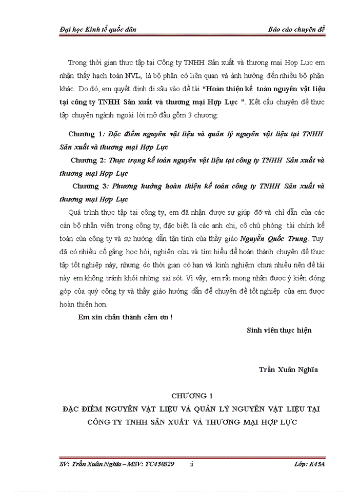 Hoàn thiện kế  toán nguyên vật liệu tại công ty TNHH Sản xuất và thương mại Hợp Lực