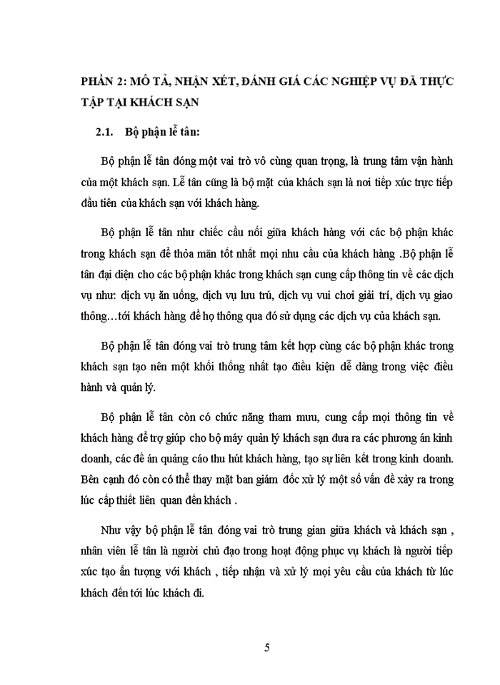 image for page Mô tả, nhận xét, đánh giá các nghiệp vụ đã thực tập tại khách sạn