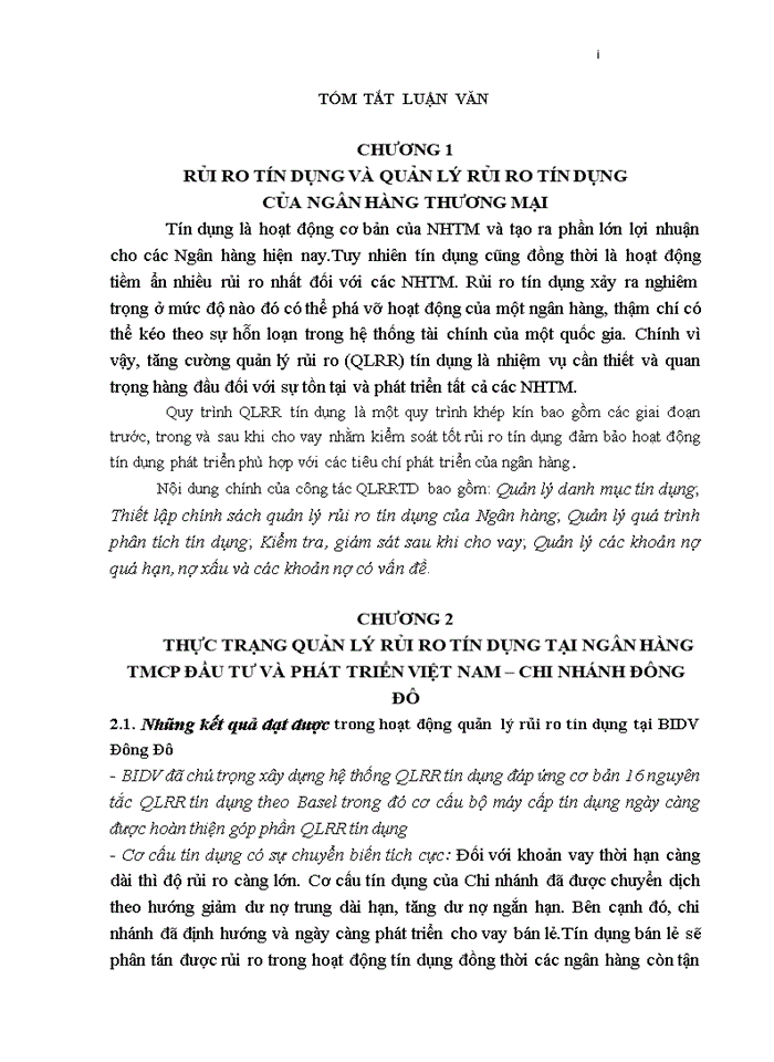 image for page Hoàn thiện công tác quản lý rủi ro tín dụng tại ngân hàng thương mại cổ phần đầu tư và phát triển VIỆT NAM - chi nhánh ĐÔNG ĐÔ