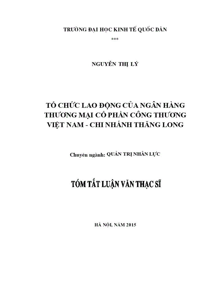 Tổ chức lao động của ngân hàng thương mại cổ phần công thương việt nam - chi nhánh thăng long