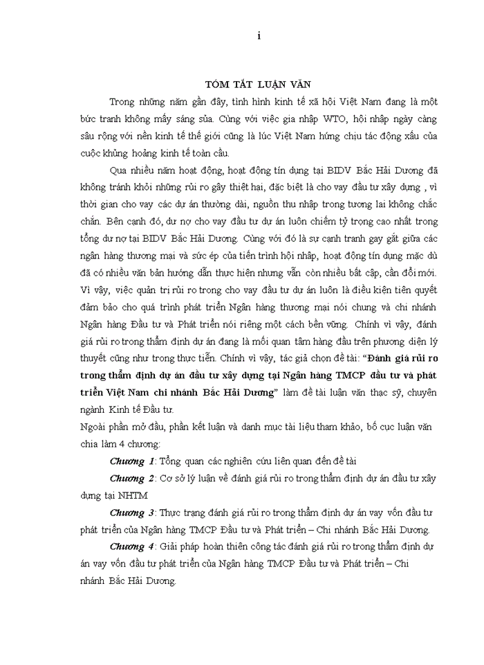 image for page Đánh giá rủi ro trong thẩm định dự án vay vốn đầu tư xây dựng tại ngân hàng tmcp đầu tư và phát triển việt nam chi nhánh bắc hải dương