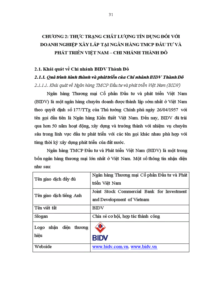 image for page Nâng cao chất lượng tín dụng đối với Doanh nghiệp xây lắp tại Ngân hàng TMCP Đầu tư và Phát triển Việt Nam – Chi nhánh Thành Đô