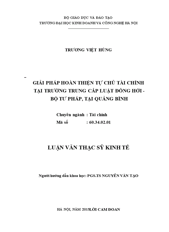 Giải pháp hoàn thiện tự chủ tài chính tại trường trung cấp luật đồng hới - bộ tư pháp, tại quảng bình