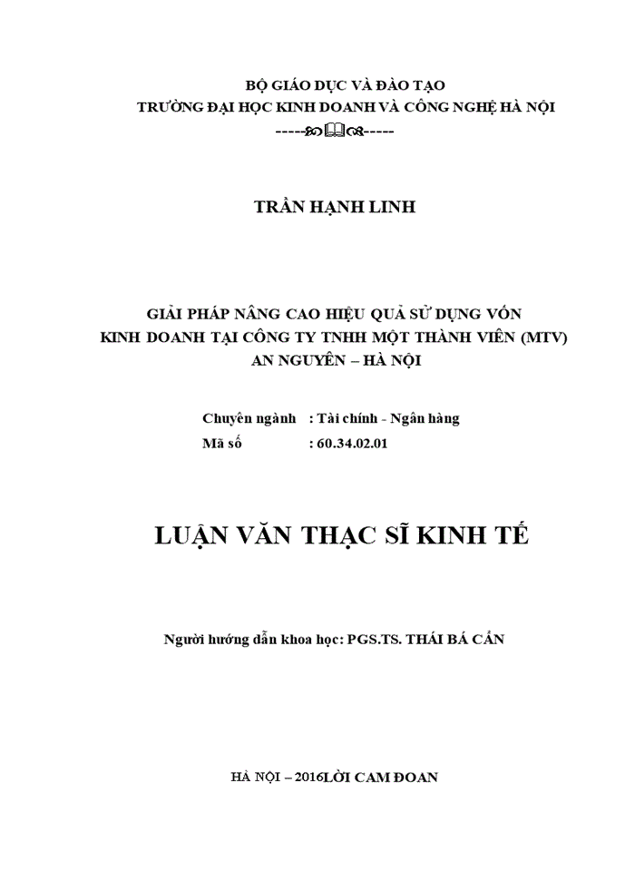 Giải pháp nâng cao hiệu quả sử dụng vốn kinh doanh tại công ty TNHH một thành viên (MTV)AN NGUYÊN – HÀ NỘI