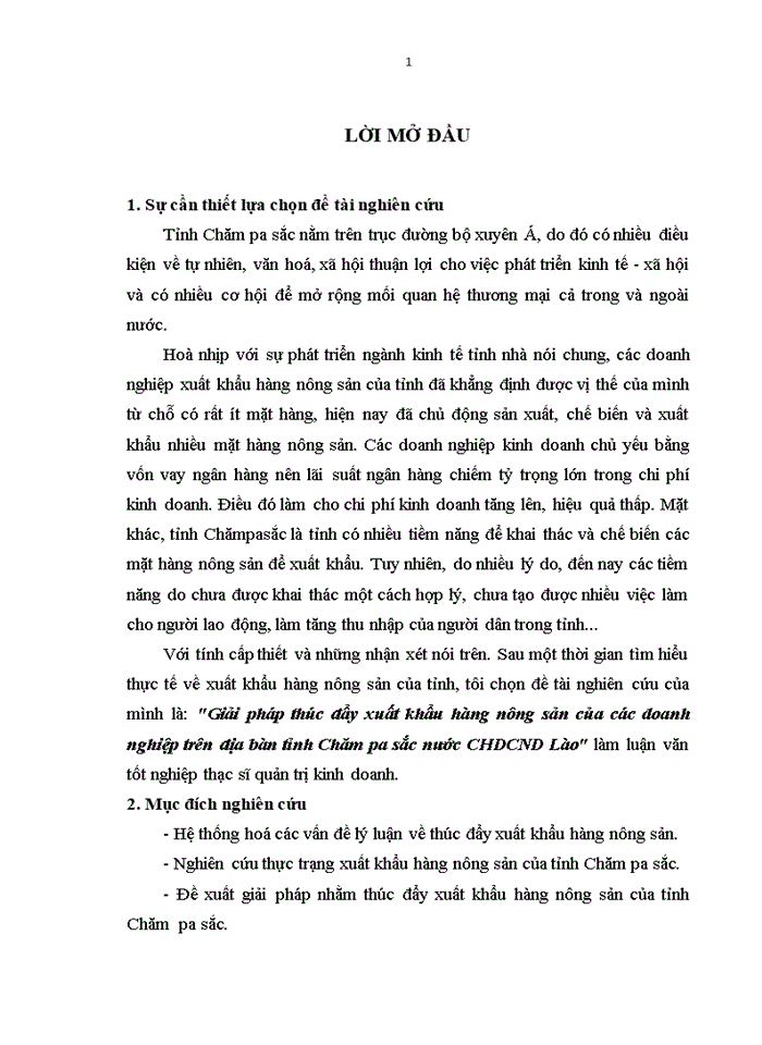 Giải pháp thúc đẩy xuất khẩu hàng nông sản của các doanh nghiệp trên địa bàn tỉnh Chăm pa sắc nước CHDCND Lào