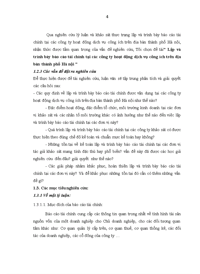 Lập và trình bày báo cáo tài chính tại các công ty hoạt động dịch vụ công ích trên địa bàn Thành phố Hà nội
