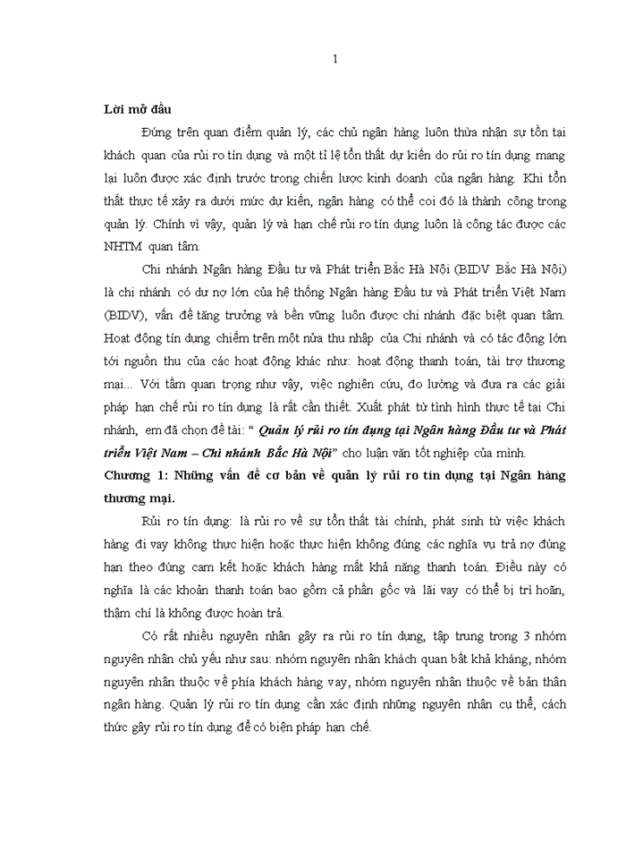 Quản lý rủi ro tín dụng tại Ngân hàng Đầu tư và Phát triển Việt Nam – Chi nhánh Bắc Hà Nội