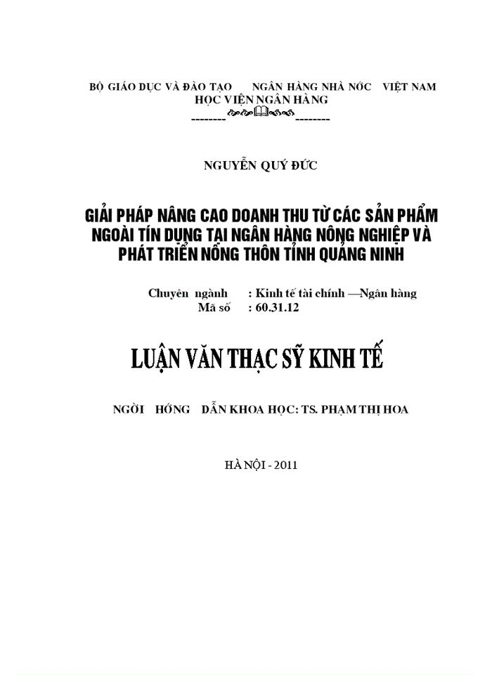 Giải pháp nâng cao doanh thu từ các sản phẩm  ngoài tín dụng tại ngân hàng nông nghiệp và phát triển nông thôn tỉnh quảng ninh