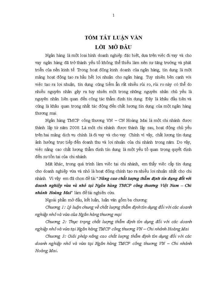 image for page Nâng cao chất lượng thẩm định tín dụng đối với doanh nghiệp vừa và nhỏ tại Ngân hàng TMCP công thương Việt Nam – Chi nhánh Hoàng Mai